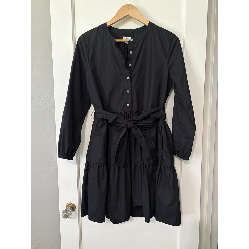 J.CREW Black Poplin Tiered Cotton Mini Dress Size Small Tie Waist Long Sleeve
